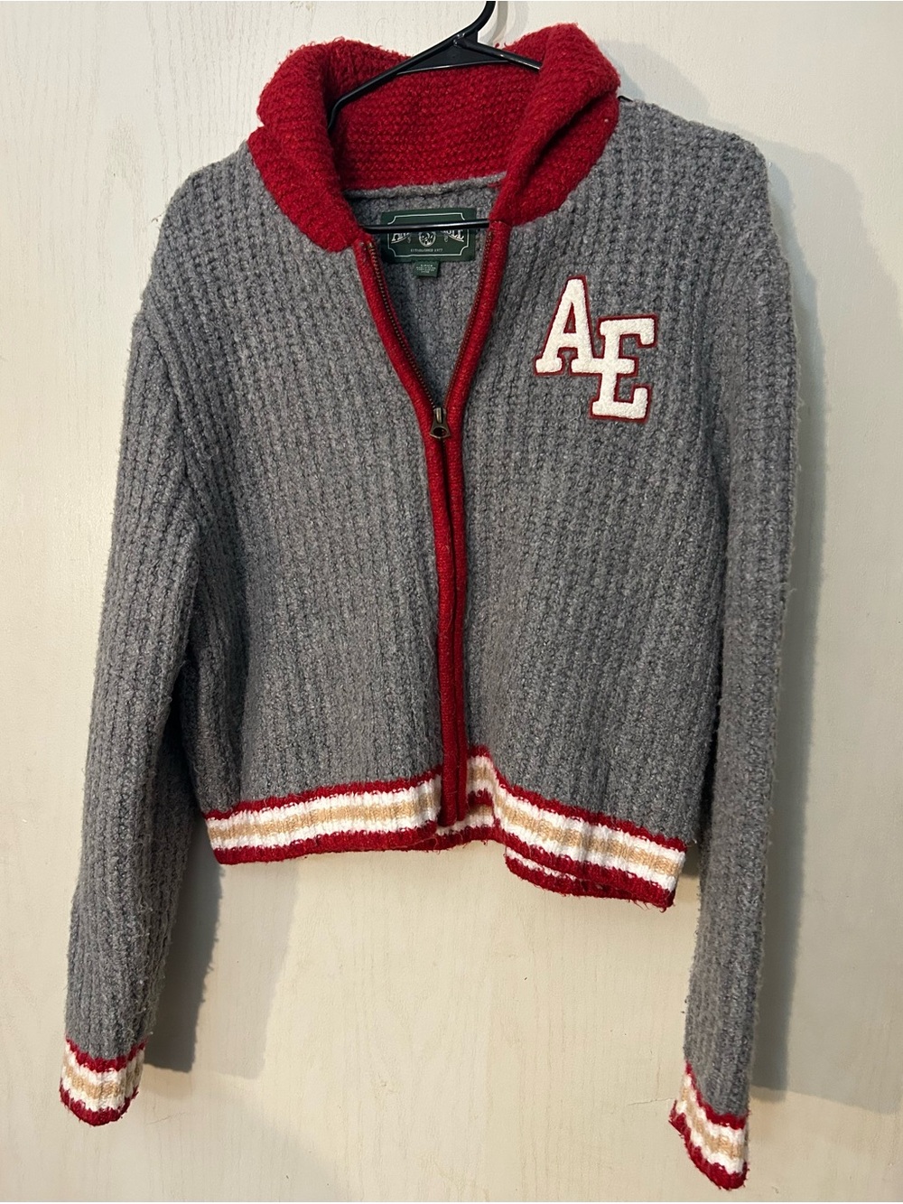 American Eagle Women’s Small Gray Red Varsity Zip Up Sweater Cardigan Y2K
